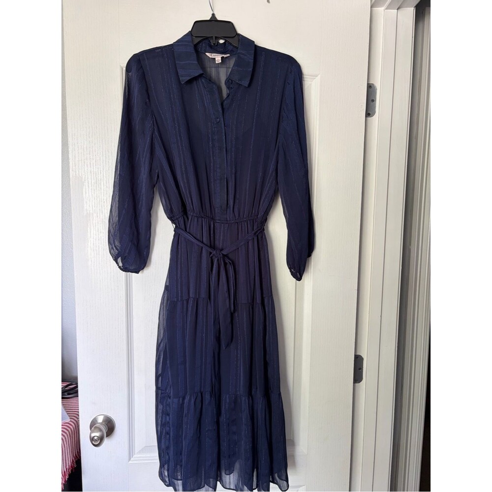 Nanette Lepore Navy Blue Maxi Shirt Dress with Tie Waist